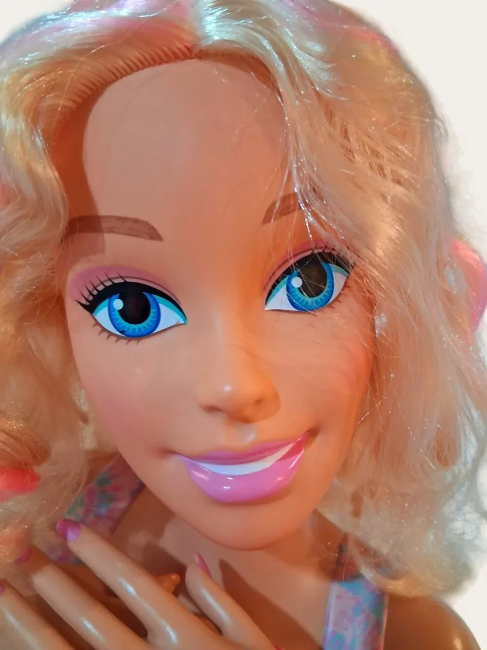 Barbie Blonde Styling Doll Head With Makeup Glittery Top RARE